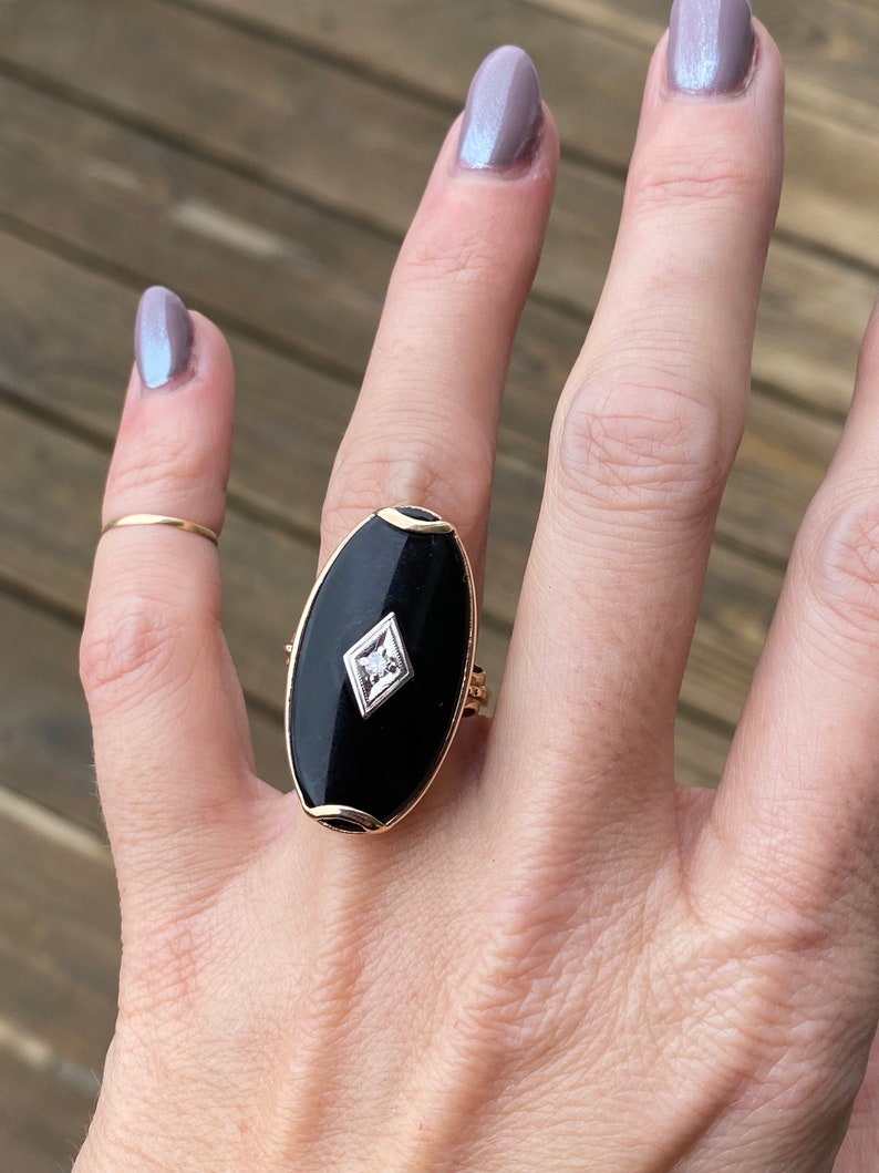 Vintage Estate Large Black Onyx Single Cut Diamond Oval Plaque Hand Engraved Cocktail Ring 10K Yellow Gold image 10