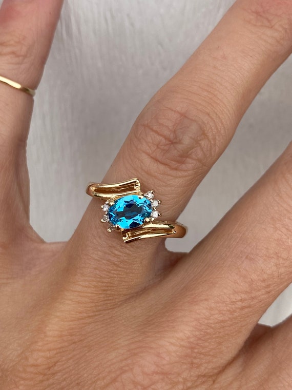 Oval Blue Topaz Diamond Ring 14k Yellow Gold