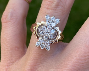 Vintage Estate 1ct Round Diamond Cluster Cocktail Ring 14k Yellow Gold and White Gold