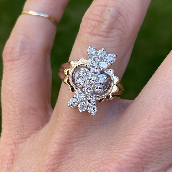 Vintage Estate 1ct Round Diamond Cluster Cocktail Ring 14k Yellow Gold and White Gold