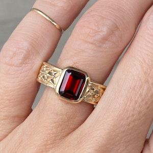 RESERVED FOR ANDREA Set Emerald Cut Garnet Solitaire Band Ring 14K Yellow Gold