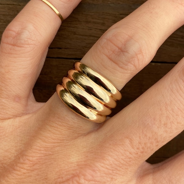 Ribbed Gold Wide Band Ring 10K Yellow Gold