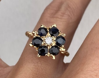 Genuine Round Dark Blue Sapphire Round Brilliant Diamond Flower Cluster Stacking Stackable Ring 14k Yellow Gold