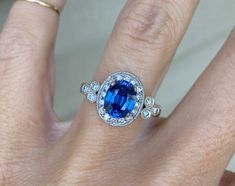 Genuine 1.27ct Oval Blue Sapphire Round Diamond Halo Cocktail or Engagement Ring 18k White Gold