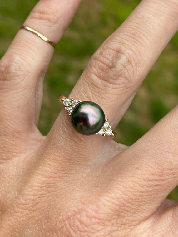 Black Pearl Round Diamond Cocktail Ring 14k Yellow