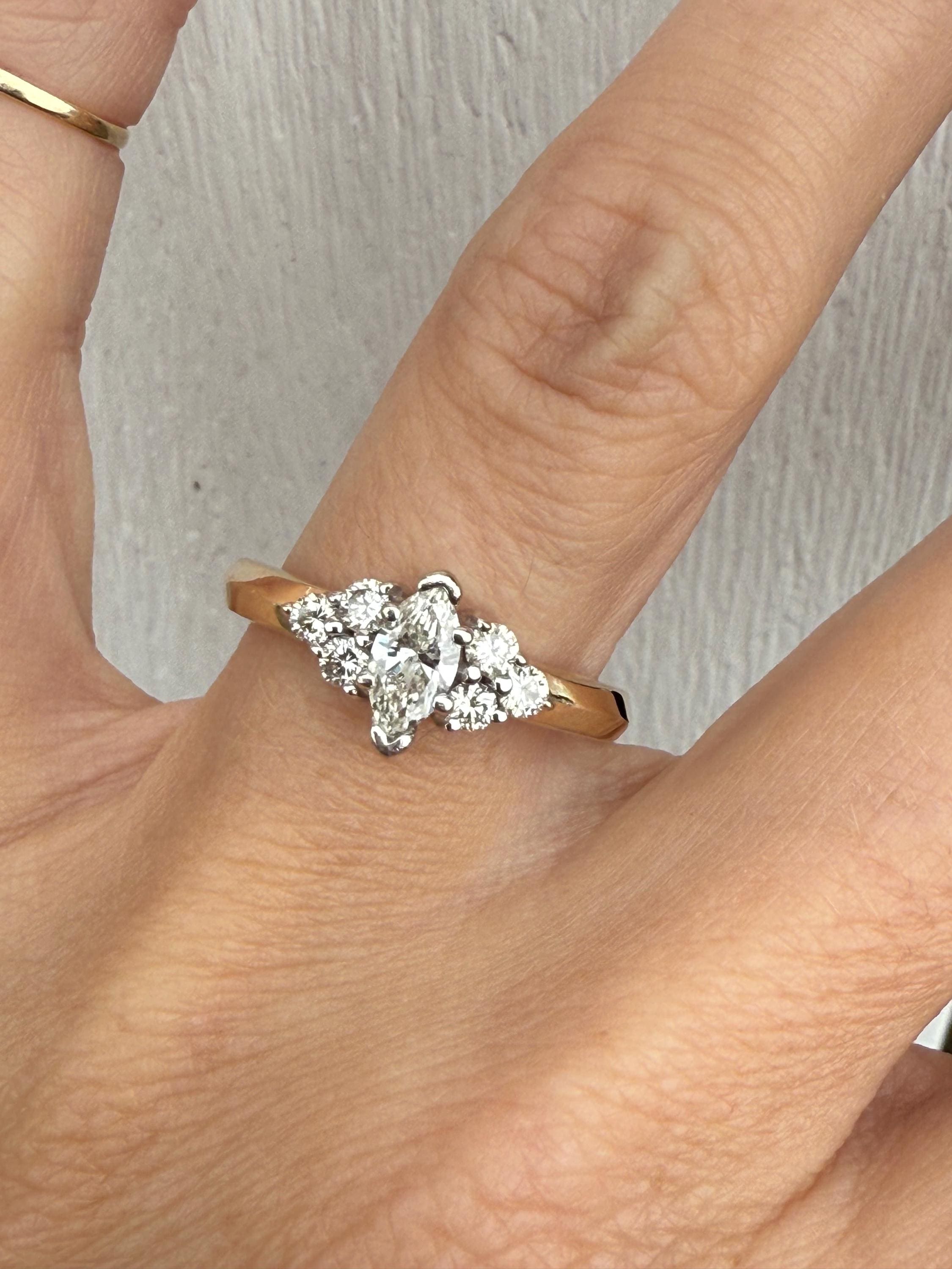 Very Sparkly Natural .71ctw Marquise Round Diamond Engagement Ring 14k Yellow Gold