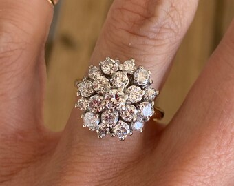 Gorgeous 1.81ct Vintage Estate Round Diamond Cluster Cocktail Ring 14k Yellow Gold and White Gold