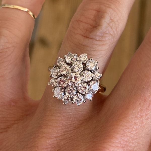 Gorgeous 1.81ct Vintage Estate Round Diamond Cluster Cocktail Ring 14k Yellow Gold and White Gold