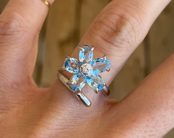 Genuine Aquamarine Diamond Flower Bloom Ring 14K White Gold