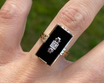 Vintage Estate Square Carved Black Onyx Single Cut Diamond Plaque Cocktail Ring 10K Yellow Gold