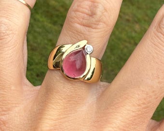 Designer Pear Shape Pink Tourmaline Cabochon Bezel Set Diamond 18K Yellow Gold Ring