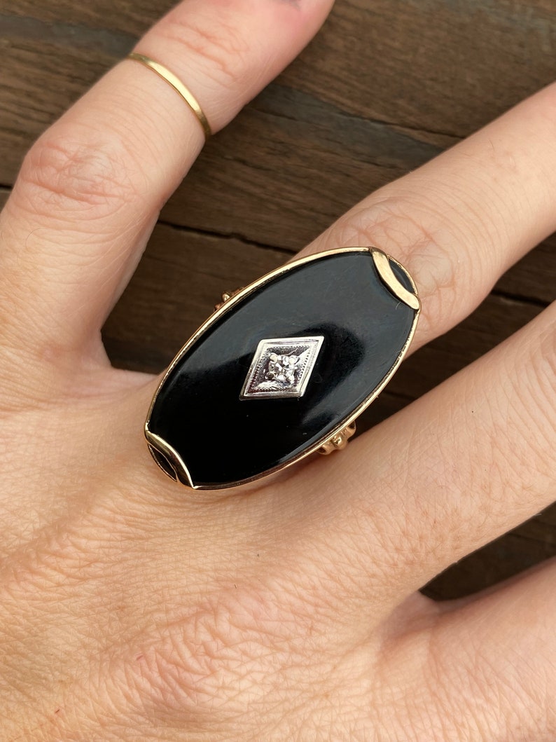 Vintage Estate Large Black Onyx Single Cut Diamond Oval Plaque Hand Engraved Cocktail Ring 10K Yellow Gold image 1