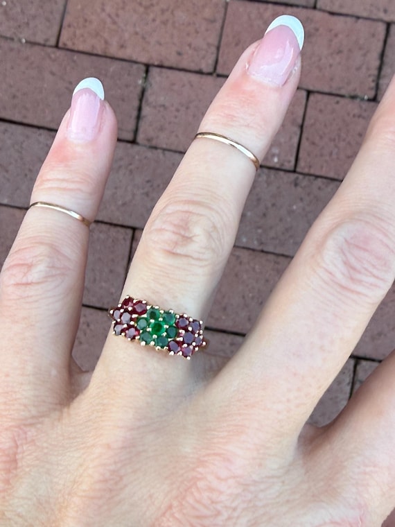 Natural Round Ruby Emerald Cluster Cocktail Ring … - image 10