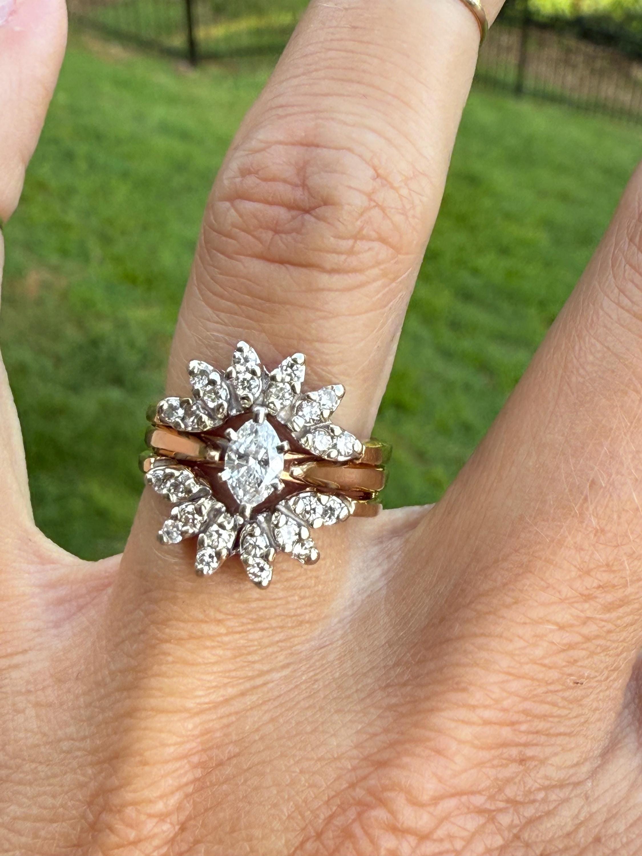 Natural Marquise Diamond Guard Band Engagement Ring Wedding Set 14K Yellow Gold