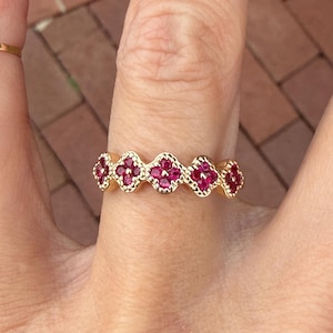 RESERVED FOR IMANI Payment 3 of 3 Natural Ruby 5 Clover Flower Station Quatrefoil Shape Style Stacking Stackable Band Ring 14K Yellow Gold