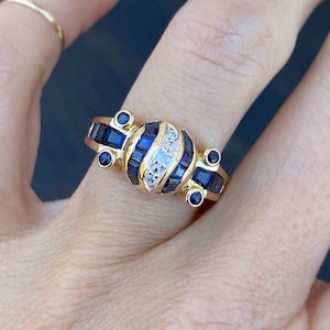 Vintage Baguette and Square Step Cut Blue Sapphire Bezel Set Round Diamond Cocktail Ring 18K Yellow Gold