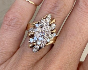 Vintage Estate 2ct Round Diamond Cluster Cocktail Ring 14k Yellow Gold