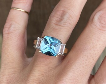 Fancy Cushion Cut Blue Topaz White Topaz Baguette Cocktail Ring 10k Yellow Gold