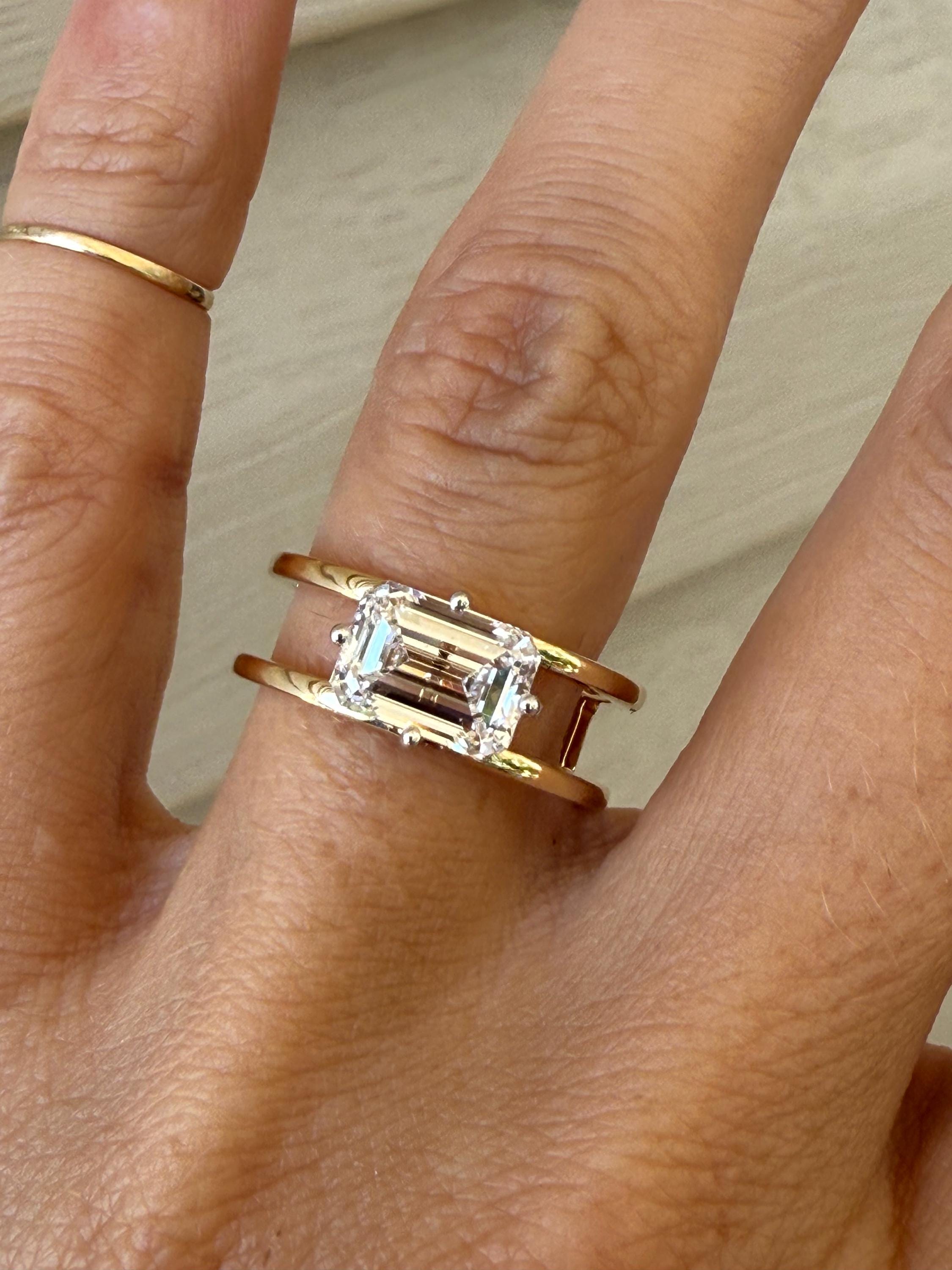 Stunning 2.00ct East West Emerald Cut Lab Grown Diamond Solitaire Engagement Ring 14k Yellow Gold