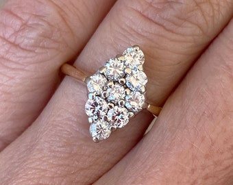 Vintage Estate Very Sparkly Navette 3/4ct Round Diamond Cluster Cocktail Ring 14k Yellow Gold White Gold