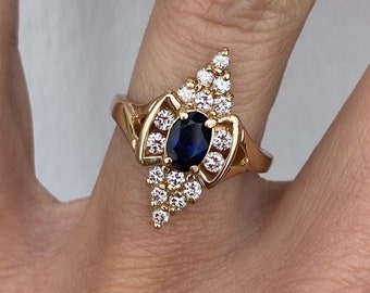 Vintage Estate Genuine Oval Blue Sapphire Round Diamond Cocktail Ring Navette Ballerina Ring Engagement Ring 14K Yellow Gold
