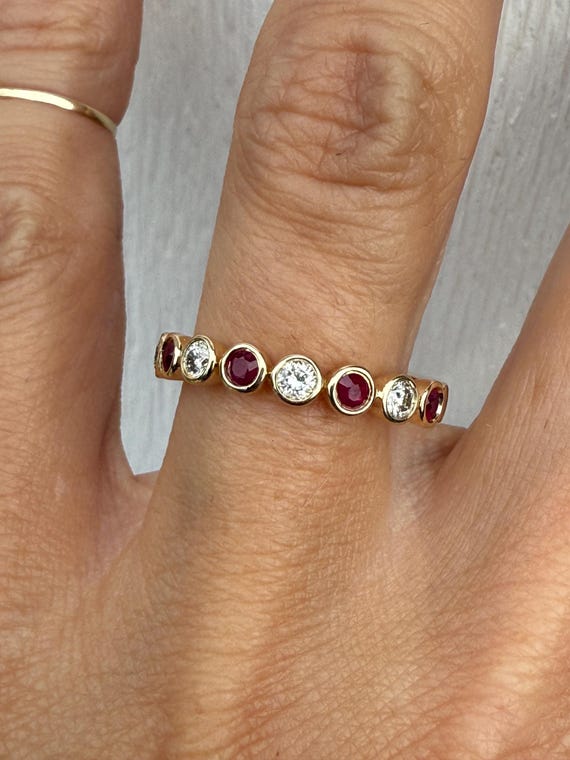 Bezel Set Ruby Round Diamond Stacking Stackable B… - image 1