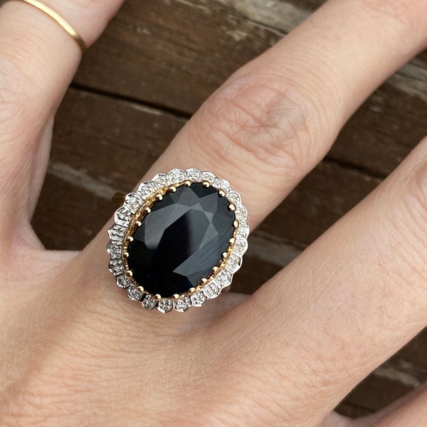 Genuine Oval Black Sapphire Round Diamond Halo Cocktail or Engagement Ring 10k Yellow Gold