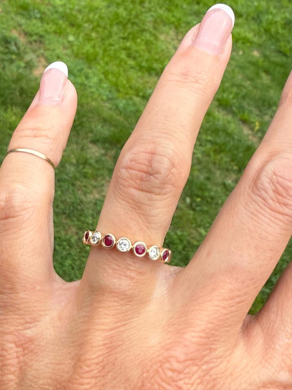 Bezel Set Ruby Round Diamond Stacking Stackable B… - image 9