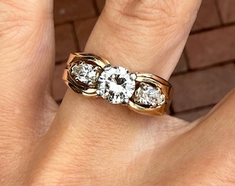 Vintage Round Brilliant Cut Pear Shape Natural Diamond Engagement or Cocktail Ring 14k Yellow Gold