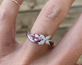 Platinum Genuine Pink Sapphire Marquise Diamond Cocktail Ring Ballerina Ring Engagement Ring