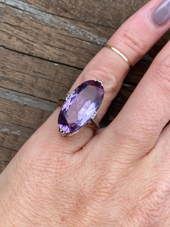 Vintage Estate Long Oval Amethyst Solitaire Filig… - image 5