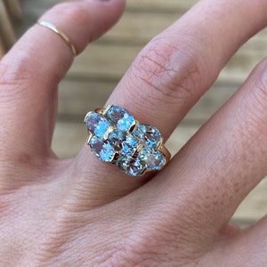 East West Oval Aquamarine Cluster Band Ring 14k Yellow Gold