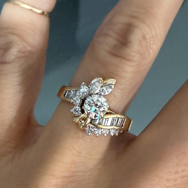 Marquise Round Diamond 14k Yellow Gold Guard Wrap Ring Wedding Anniversary Band