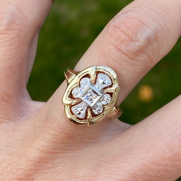 Vintage Single Cut Diamond Cocktail Ring Two Tone 14K Yellow and White gold