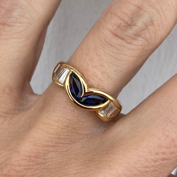 Double Bezel Set Marquise Blue Sapphire Baguette Diamond Channel Band Ring 18K Yellow Gold