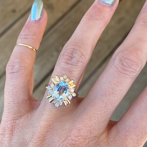 Oval Step Cut Blue Topaz Round Diamond 14K Yellow Gold Ring image 2