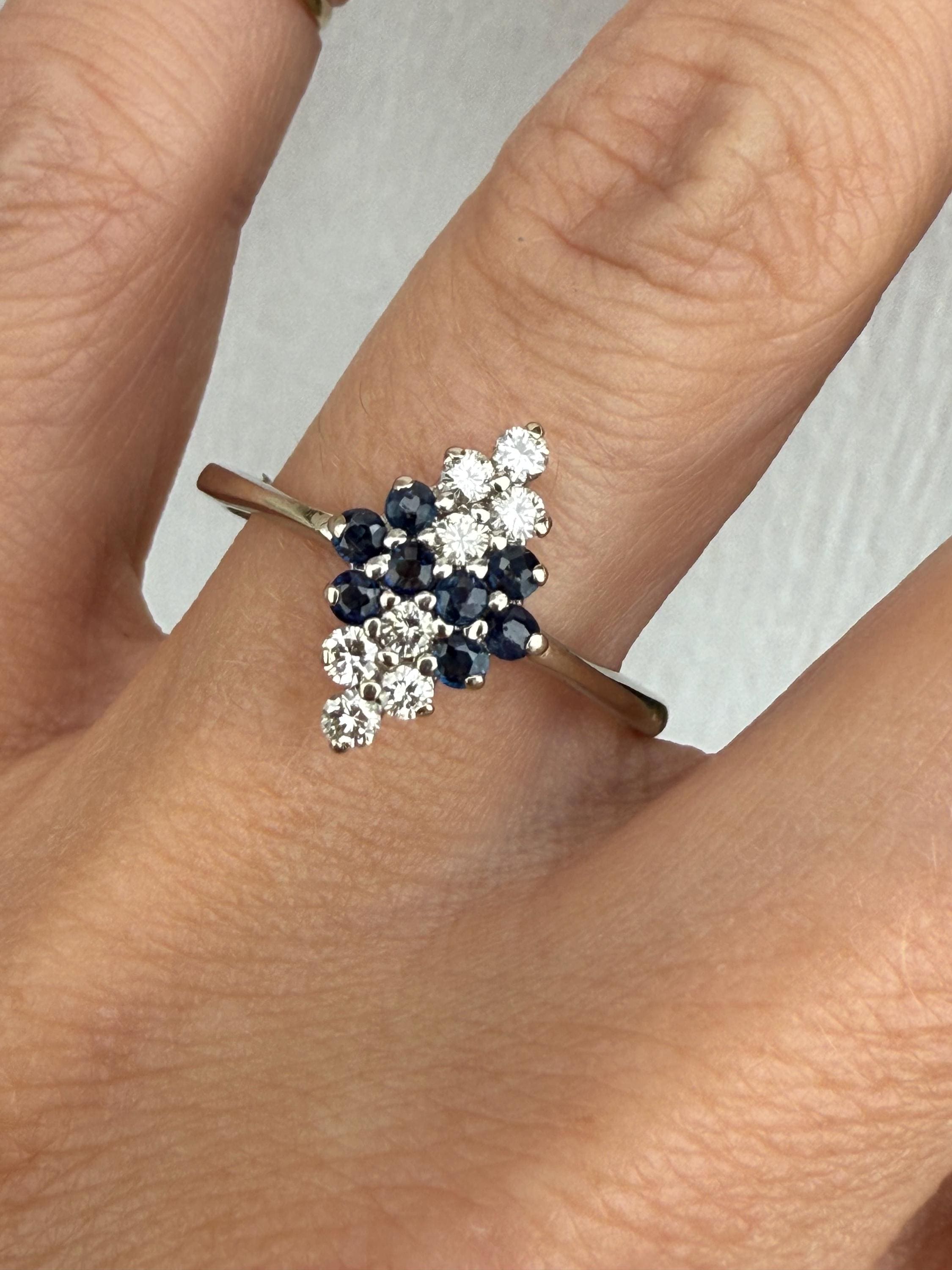 Vintage Estate Genuine Blue Sapphire Diamond Navette Cluster Cocktail Ring 14k White Gold