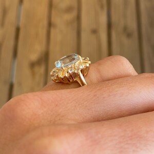 Oval Step Cut Blue Topaz Round Diamond 14K Yellow Gold Ring image 7