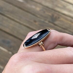 Vintage Estate Large Black Onyx Single Cut Diamond Oval Plaque Hand Engraved Cocktail Ring 10K Yellow Gold image 5