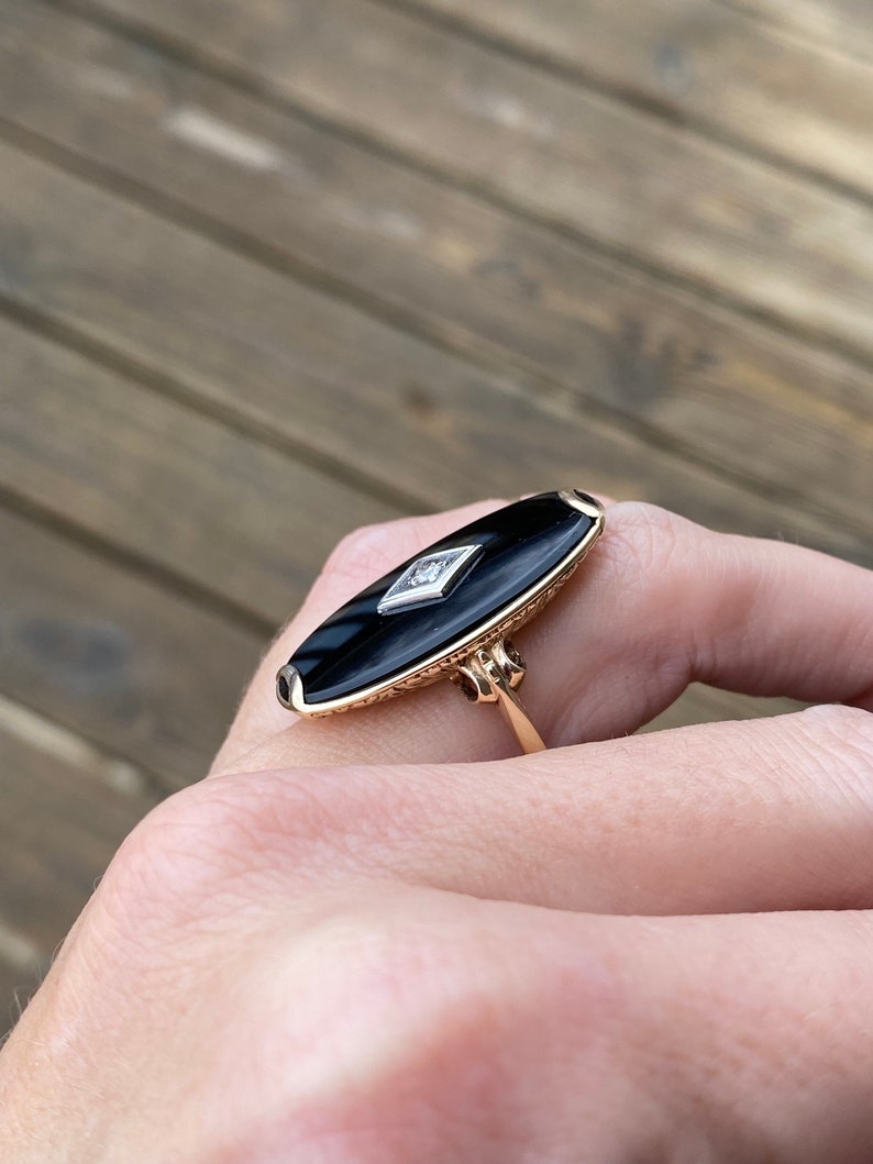 Vintage Estate Large Black Onyx Single Cut Diamond Oval Plaque Hand Engraved Cocktail Ring 10K Yellow Gold image 5