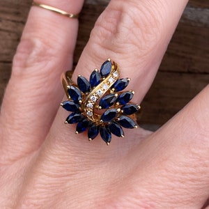 Vintage Estate 2ctw Marquise Blue Sapphire and Round Diamonds 14k Yellow Gold Cocktail Ring