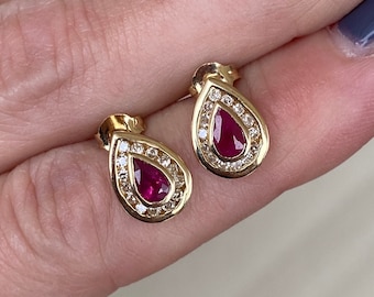 Bezel Set Pear Ruby Channel Set Round Diamond Teardrop Stud Earrings 14k Yellow Gold