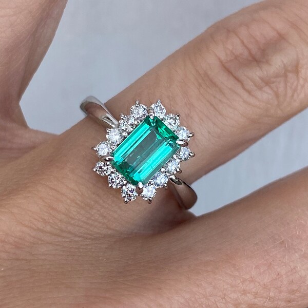 Platinum Fine Quality Emerald Cut Emerald Round Diamond Halo Ring Cocktail or Engagement Ring