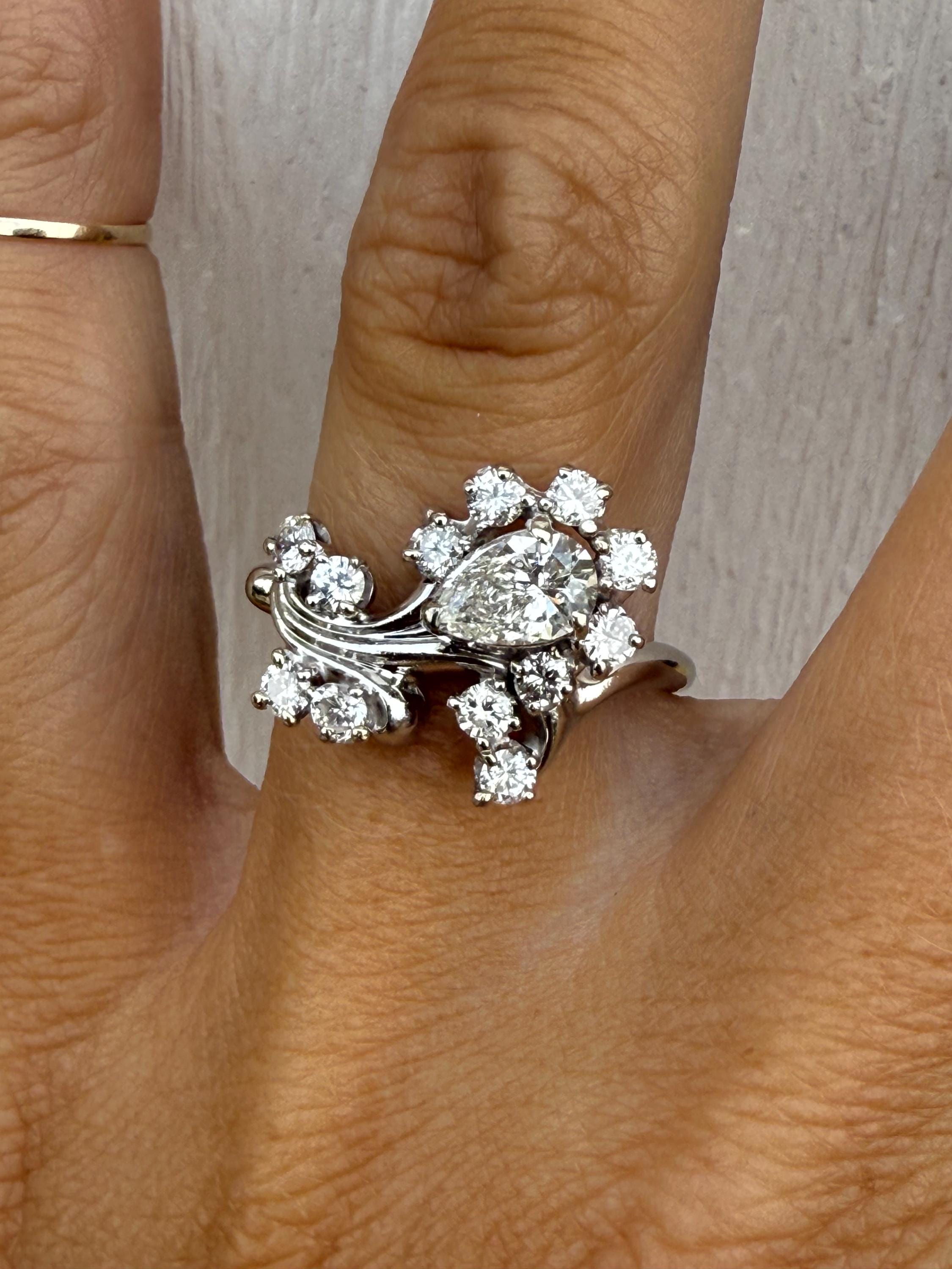 Natural Pear Diamond Round Diamond Freeform Paisley Cocktail Engagement Ring 14k White Gold