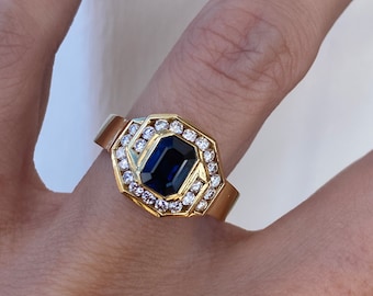 Fine Quality Bezel Set Genuine Emerald Cut Blue Sapphire Round Diamond Cocktail Ring or Engagement Ring 18K Yellow Gold