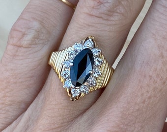 Vintage Marquise Blue Sapphire Round Diamond Cocktail Ring 14K Yellow Gold