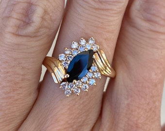 Marquise Blue Sapphire Round Diamond Cocktail Ring 14K Yellow Gold