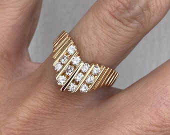 Chevron Vertical Channel Genuine Diamond Band Ring 14K Yellow Gold