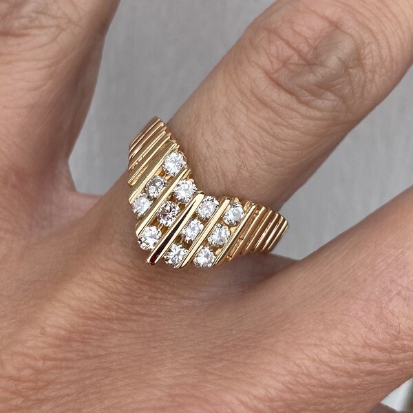 Chevron Vertical Channel Genuine Diamond Band Ring 14K Yellow Gold