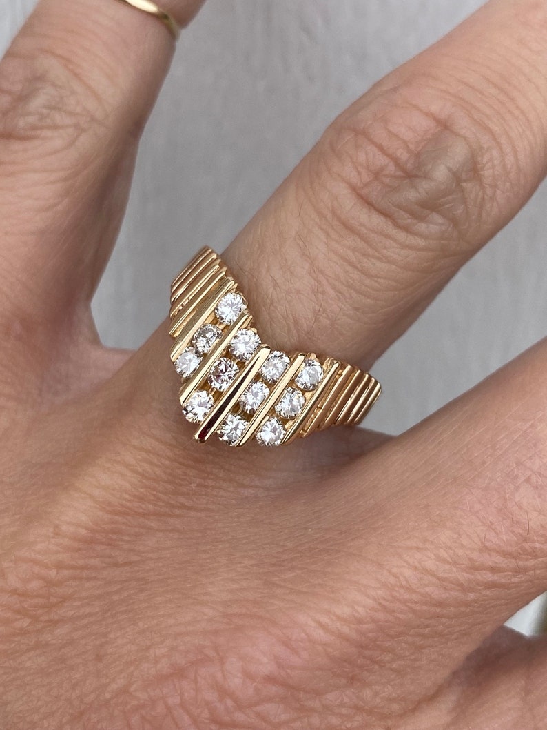 Chevron Vertical Channel Genuine Diamond Band Ring 14K Yellow Gold image 1